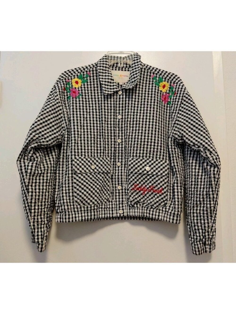 Teddy Fresh Jacket Seersucker Check Floral Embroidery Summer Medium